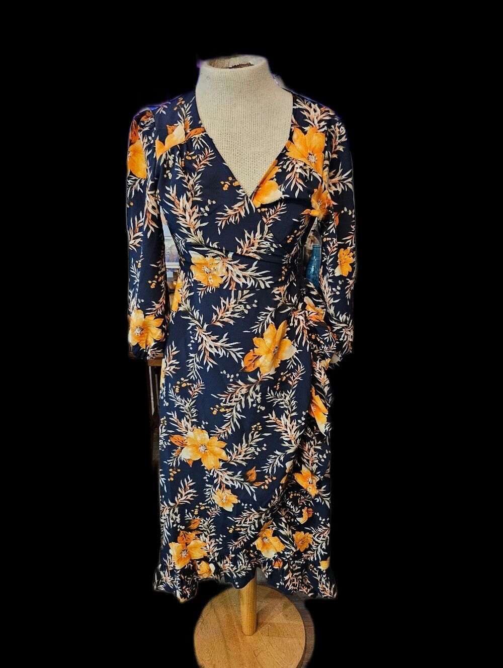 Francesca's Collections Navy Wrap Dress with Orange Fall Floral Print Large